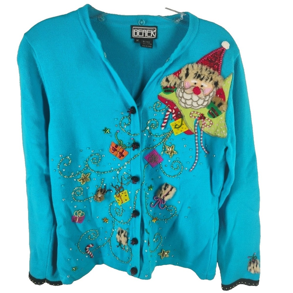 Berek Womens MEDIUM Christmas Sweater Cardigan Ugly Holiday  Blue